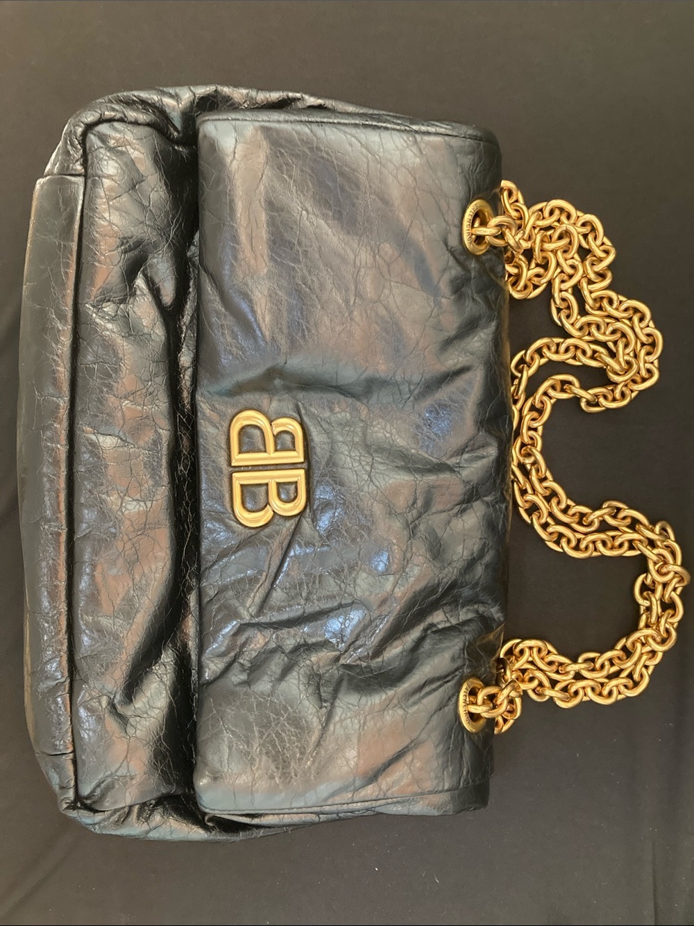 Balenciaga Black Leather Shoulder Bag with Gold Chain